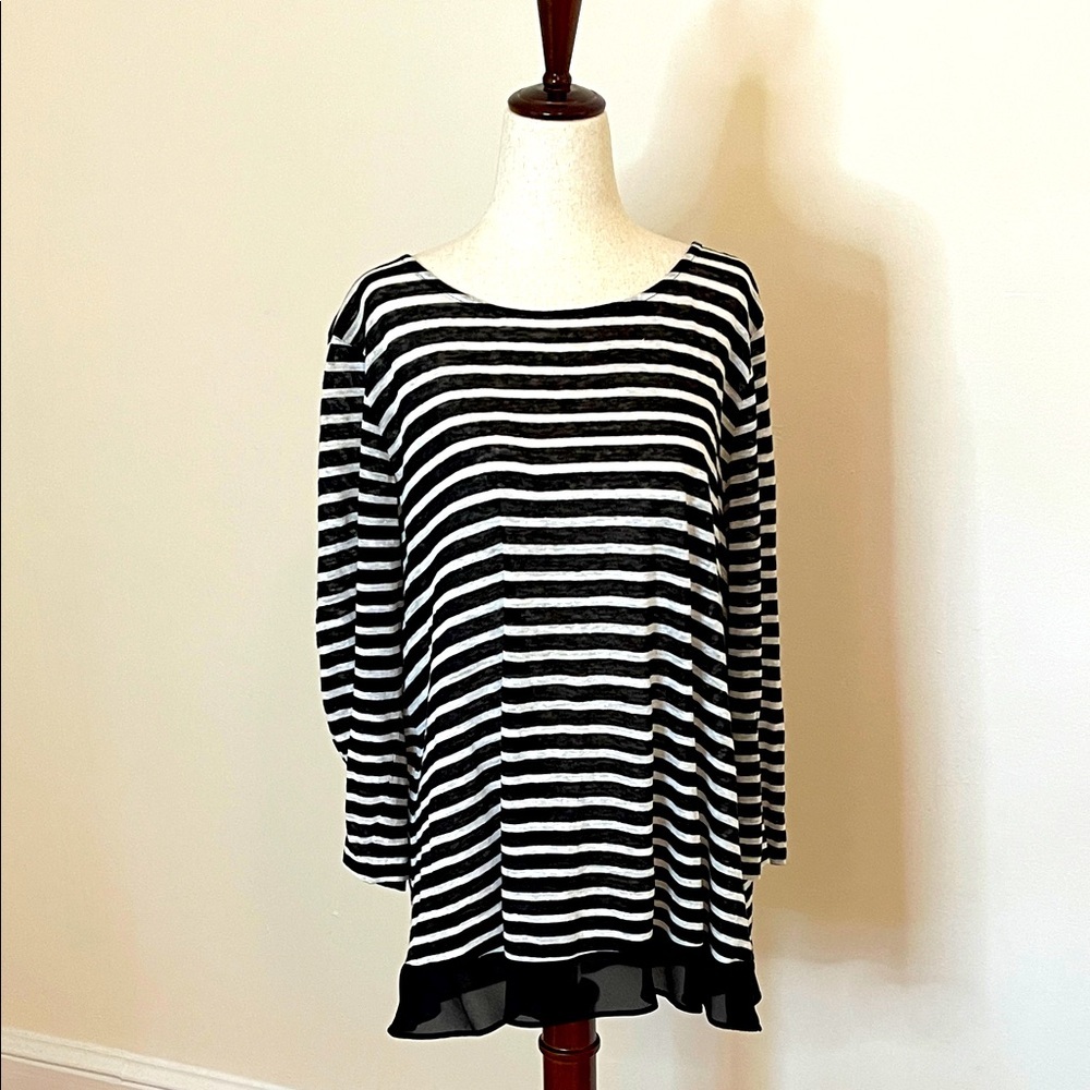 Lauren Ralph Lauren Linen Striped Tunic Top XL Black White Ruffle Hem